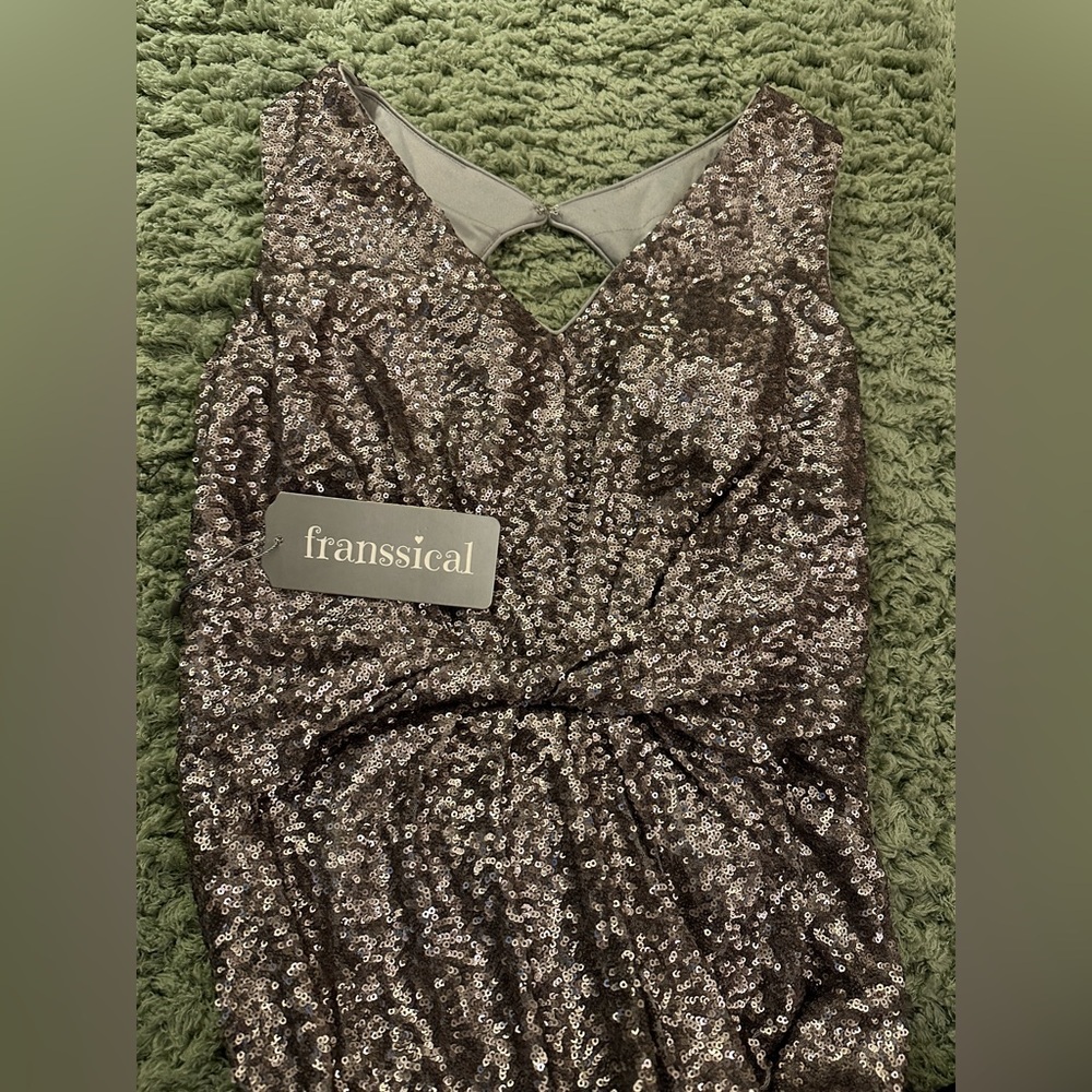 NWT Franssical Silver Sequin Gown with Back Cut Out Size 6 - Picture 2 of 11
